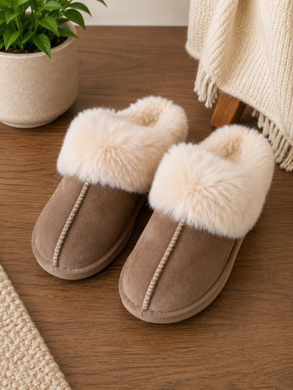 Women’s Cozy Faux Suede Plush Cuff Slippers Taupe Size 9/10 NWOT House Shoes